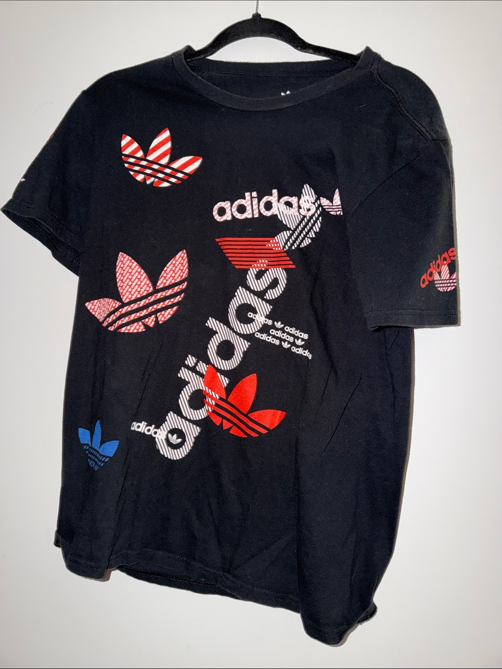adidas Black Short Sleeve Tee with Red, Pink & Blue Logos